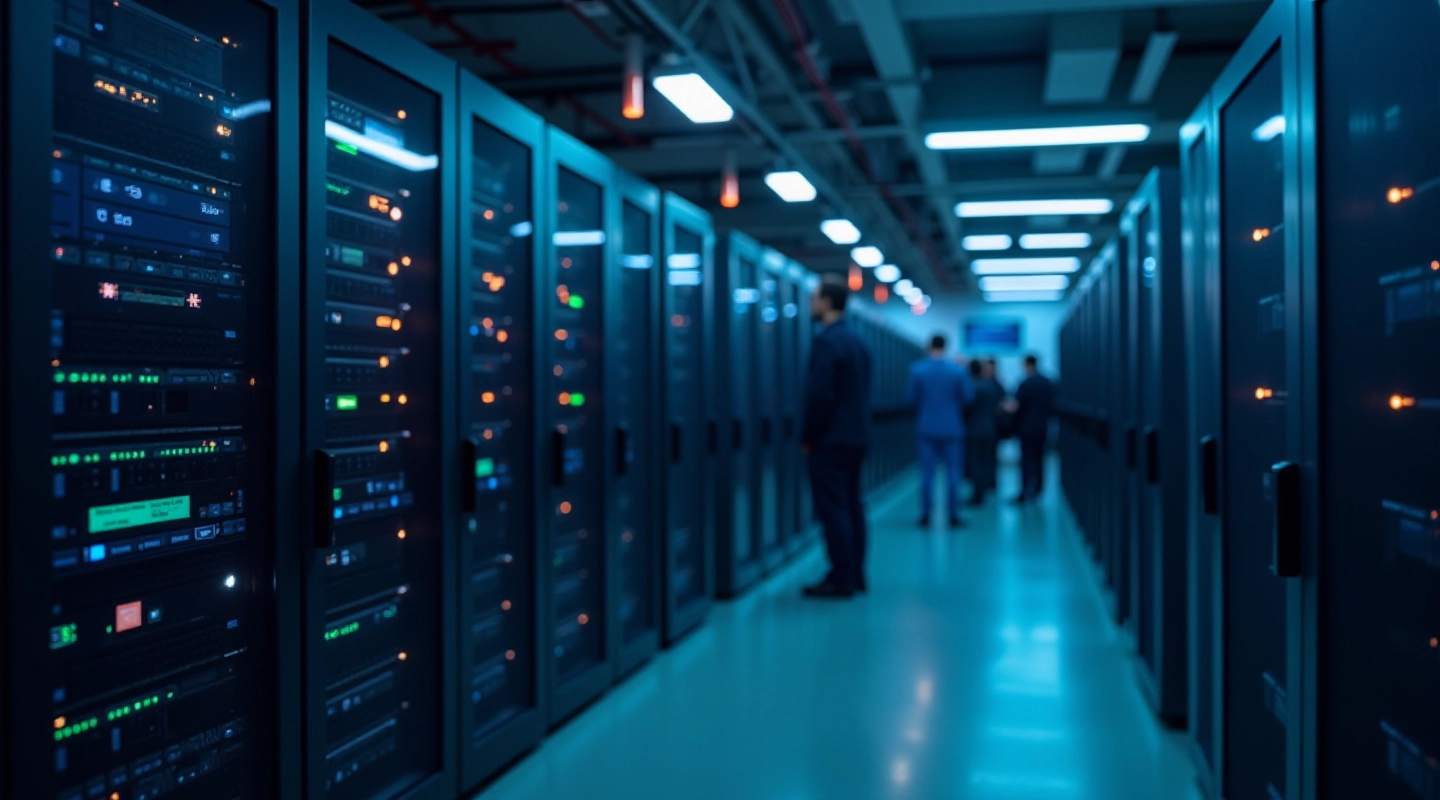 Data center with redundant servers and backup systems in operation