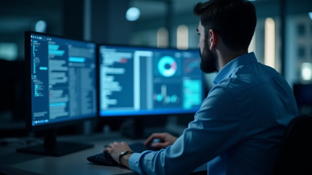 IT professional analyzing system architecture diagram on multiple monitors
