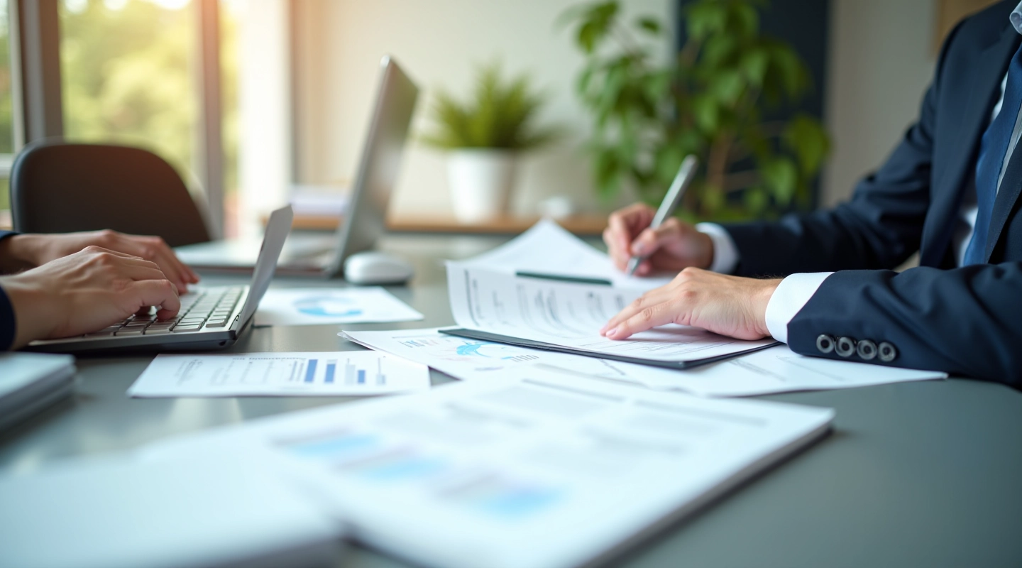 Professional planning workspace with documents and strategic planning materials